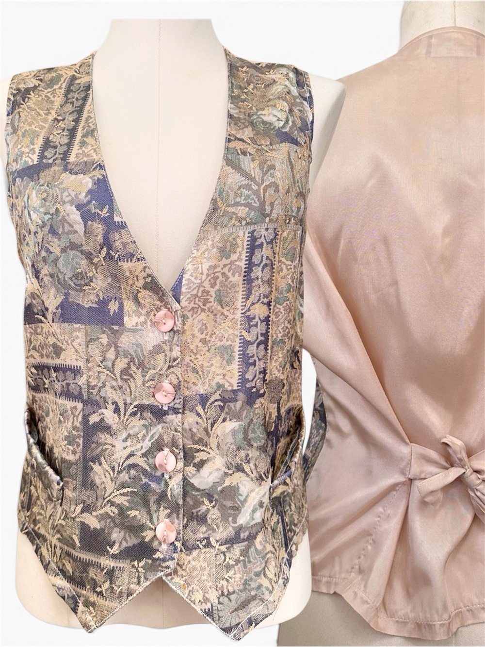 Vintage Pastel Floral Brocade Vest with Satin Back